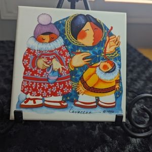 Rare Barbara LaVallee Signed 1996 Tile Trivet  Igloo Eskimos Mother Child Native